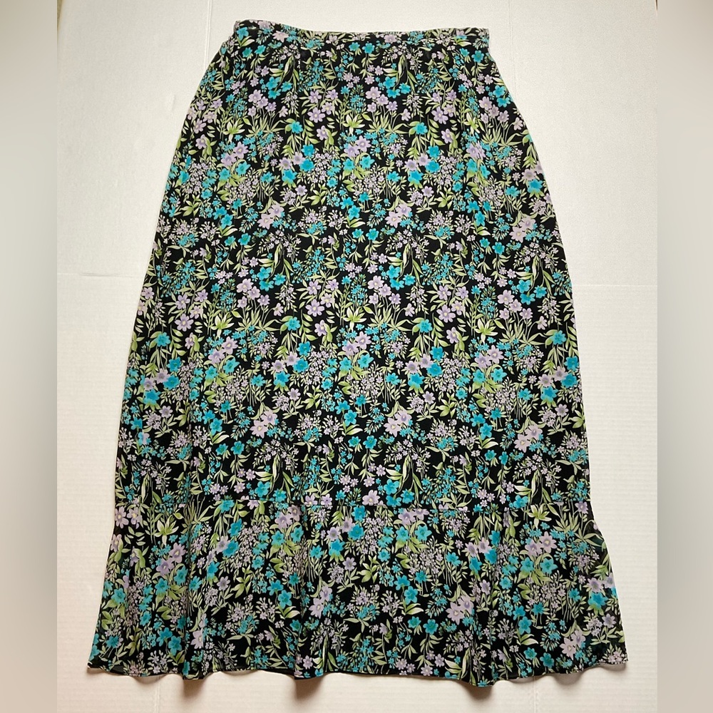 Laura Ashley Womens 12 black blue purple green boho floral silk maxi lined skirt